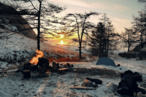 Setting up winter campsite