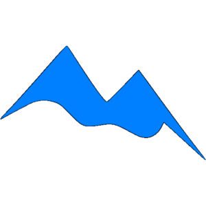A stylized blue mountain range silhouette with three peaks, set against a solid black background. the largest peak is on the right.
