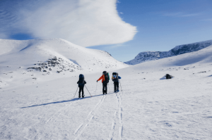 Three men backcountry skiing with climbing skins in the mountains