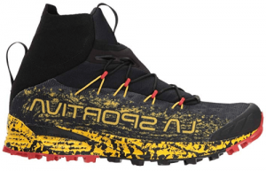 A black and yellow La Sportiva trail running shoe with an ankle-high design and visible brand logo, featuring red lace loops and a rugged sole, suitable for hiking.