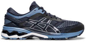 Side view of an Asics men's running shoe featuring a dark blue and black design with a distinctive gel sole and the Asics logo on the side, suitable for light hiking.