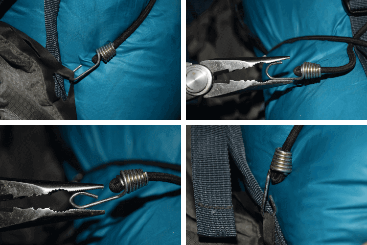 Crimping metal hooks on bungees for backpack lashing