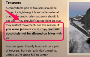 Text from a guidebook highlighted in pink emphasizing that jeans or corduroys are not suitable for hiking, with a background image of a snowy mountain landscape. The section is titled "Can You Hike in Jeans?