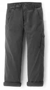 A pair of gray cargo pants with multiple pockets, ideal for hiking, featuring a belt and displayed against a white background.