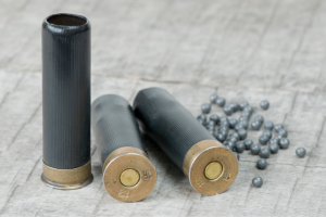 Three adaptive hunting shotgun shells and scattered pellets on a wooden surface.