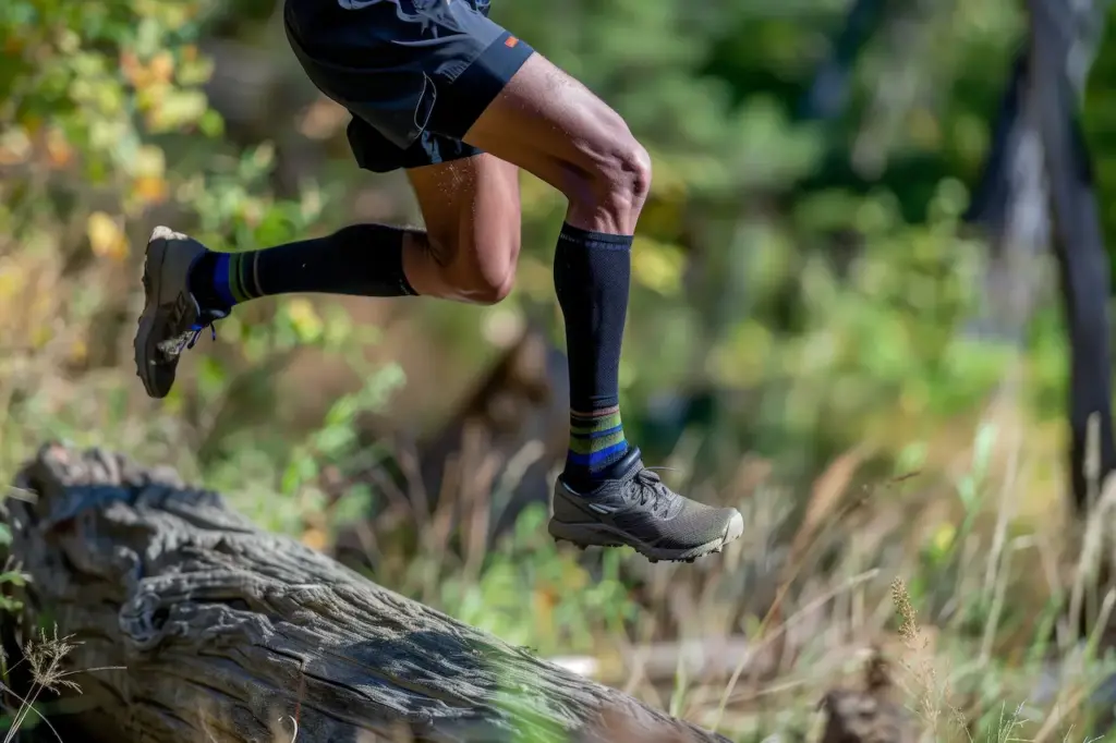 A Person Jumps on a Log Wearing Compression Socks