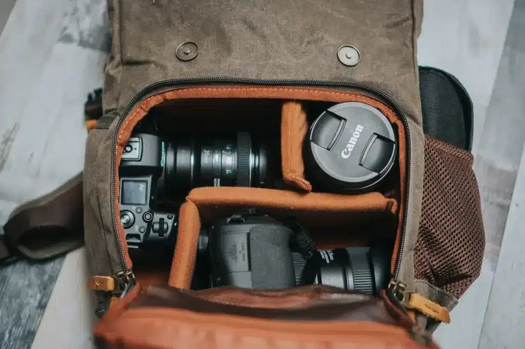 Camera Bag with Camera, Lenses, and Accessories
