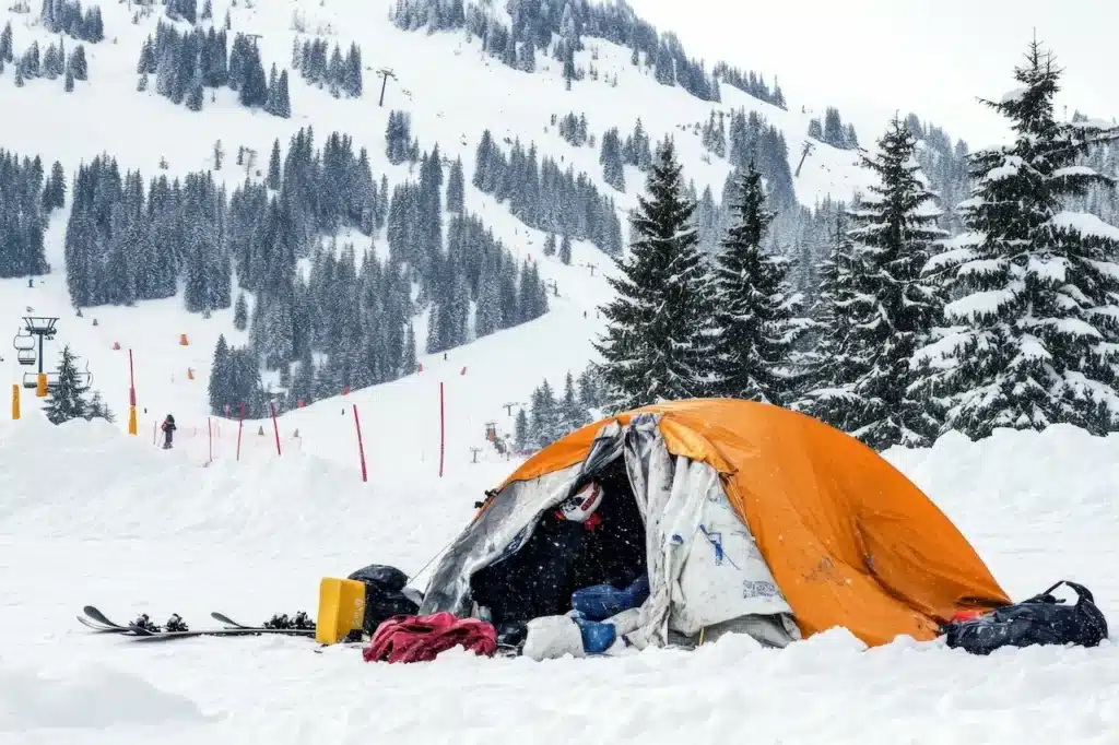 Snowy Campsite with Orange Tent 